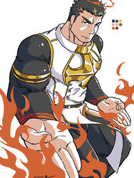  1boy absurdres bara beard black_bodysuit bodysuit bulge facial_hair feet_out_of_frame fighting_stance fire flaming_halo frown halo highres large_pectorals long_sideburns looking_at_viewer male_focus mature_male muscular muscular_male pectorals saro_(rotsw_00022) short_hair sideburns solo stubble textless_version thick_thighs thighs tokyo_afterschool_summoners zabaniyya_(housamo) 