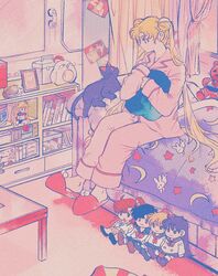  aino_minako animal_print bedroom bishoujo_senshi_sailor_moon black_cat blonde_hair blue_eyes book character_doll comb commentary crescent curtains feline female full_body highres hino_rei indoors kino_makoto long_hair long_sleeves luna_(sailor_moon) mizuno_ami on_bed pajamas photo_(object) picture_frame pikurusu pink_background pink_pajamas rabbit_print red_footwear sailor_moon shelf sitting sleeves_past_wrists slippers star_(symbol) star_print stuffed_animal stuffed_toy symbol-only_commentary teddy_bear tsukino_usagi twintails very_long_hair 