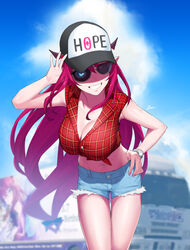  alternate_costume blue_eyes breasts cleavage cloud dasdokter denim denim_shorts female hat highres hololive hololive_english horns irys_(hololive) long_hair looking_at_viewer midriff motor_vehicle navel outdoors plaid plaid_skirt pointy_ears purple_hair semi_truck shirt short_shorts short_sleeves shorts skirt smile solo sunglasses tied_shirt trailer truck virtual_youtuber watch wristwatch 