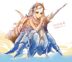  :/ arthropod arthropod_girl arthropod_limbs beach black_eyes blue_nails claws compound_eyes crab crab_claw crab_girl extra_eyes female hand_up hermit_crab highres hogara medium_hair monster_girl multiple_legs no_pupils original pincers sand shell signature spiked_shell water white_hair 