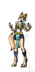  absurd_res anthro bandage bandaged_chest bottomwear canid canine claws clothed clothing cute_fangs fan_character female fox hair hi_res loincloth mammal pawpads paws pinwinito shorts solo traditional_media_(artwork) 