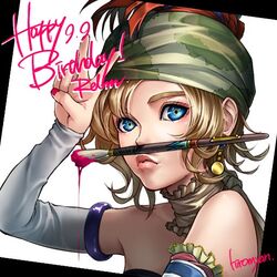  art_brush bare_shoulders blonde_hair blue_eyes closed_mouth detached_sleeves earrings female final_fantasy final_fantasy_vi happy_birthday hat hiromyan jewelry looking_at_viewer nail_polish paintbrush relm_arrowny short_hair signature simple_background solo strapless v 