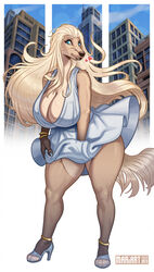  2022 afghan_hound anthro big_breasts blonde_hair blue_eyes bracelet breasts building canid canine canis celine_(stormwx_wolf) city cleavage clothed clothing domestic_dog dress female footwear hair heart_symbol hi_res high_heels huge_breasts hunting_dog jewelry legwear long_hair mammal mariart marilyn_monroe outside sighthound sky skyscraper solo the_seven_year_itch thigh_highs wind_lift 