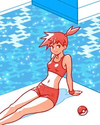  akairiot breasts commentary female highres kasumi_(pokemon) looking_at_viewer midriff on_floor orange_hair poke_ball poke_ball_(basic) pokemon pokemon_frlg pool short_hair shorts side_ponytail sitting smile solo spiked_hair swimsuit symbol-only_commentary wristband 