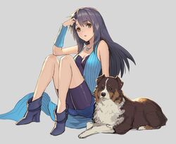  angelo_(ff8) arm_warmers australian_shepherd bike_shorts black_hair blue_arm_warmers breasts brown_eyes canine female final_fantasy final_fantasy_viii full_body highres jewelry long_hair looking_at_viewer necklace open_mouth rinoa_heartilly simple_background skirt sleeveless sleeveless_duster teffish 