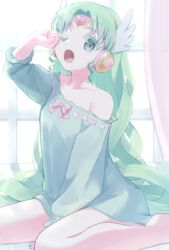  ;o bare_shoulders colored_eyelashes commentary_request curtains falulu falulu_(awakened) female forehead_jewel green_hair grey_eyes headphones highres indoors lily_(lilylly0105) long_hair long_sleeves looking_at_viewer nightgown one_eye_closed open_mouth pretty_series pripara rubbing_eyes sidelocks sitting sleepwear sleepy solo wariza window wing_hair_ornament yawning 