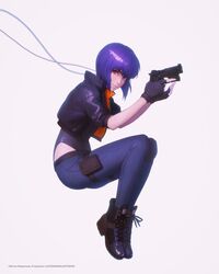  cable commentary_request cropped_jacket female fingerless_gloves ghost_in_the_shell ghost_in_the_shell:_sac_2045 gloves gun handgun highleg highleg_leotard highres holding holding_gun holding_weapon ilya_kuvshinov jacket knee_pads kusanagi_motoko leotard looking_at_viewer open_clothes open_jacket pants purple_hair red_eyes short_hair short_sleeves solo trigger_discipline watermark weapon white_background 