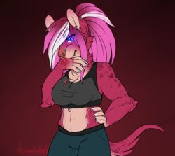  anthro archivist-kayl athletic_wear blood bodily_fluids bottomwear bra canid canine claws clothed clothing dappled_fur eulipotyphlan female glowing glowing_eyes goretober gym_bottomwear gym_shorts hair hedgehog hi_res inktober inktober_2022 magenta_fur magenta_hair mammal midriff multicolored_hair mythological_canine mythological_creature mythology nosebleed partially_clothed shorts solo sonja_(archivist-kayl) sports_bra two_tone_hair underwear were werecanid werecanine werewolf white_hair 