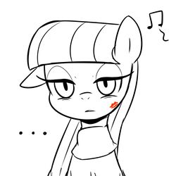  1:1 2014 bangs black_and_white clothing earth_pony ellipsis equid equine female feral friendship_is_magic hair half-closed_eyes hasbro hi_res horse kiss_mark long_hair mammal marenlicious maud_pie_(mlp) monochrome musical_note my_little_pony narrowed_eyes one_ear_up pony simple_background solo spot_color topwear white_background 