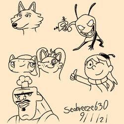  1:1 alien alien_humanoid antennae_(anatomy) beastars canid canine canis cartoon_network chef_hat chef_hatchet_(total_drama) clothing eyebrows facial_hair female fish fox ground_shark gun hair hammerhead_shark hat headgear headwear hilda_(hilda) human humanoid invader_zim irken legoshi_(beastars) low_res male mammal marine moustache nickelodeon one_eye_closed ranged_weapon seabreeze629 shark smile teletoon total_drama weapon wink wolf zim_(invader_zim) 