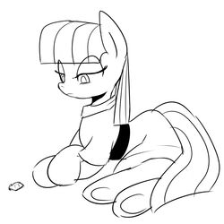  1:1 2014 bangs black_and_white boulder_(mlp) clothing earth_pony equid equine eyelashes feral friendship_is_magic half-closed_eyes hasbro hi_res hooves horse looking_down lying mammal marenlicious maud_pie_(mlp) monochrome my_little_pony narrowed_eyes pony rock simple_background solo underhoof white_background 