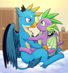  avian blue_body blue_eyes blue_fur dragon duo eye_contact feathered_wings feathers feet friendship_is_magic fur gallus_(mlp) green_body green_eyes green_scales gryphon hasbro holding_each_other looking_at_another male male/male membrane_(anatomy) membranous_wings my_little_pony mythological_avian mythological_creature mythological_scalie mythology on_lap purple_body purple_scales scales scalie sitting_on_lap spike_(mlp) tail talons toes vavacung wings 