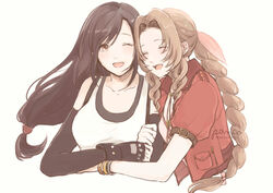  2girls :d ^_^ aerith_gainsborough ancotsubu arm_hug artist_name black_gloves brown_hair closed_eyes collarbone elbow_gloves final_fantasy final_fantasy_vii final_fantasy_vii_remake fingerless_gloves gloves hair_ribbon highres jacket light_brown_hair long_hair low-tied_long_hair multiple_girls one_eye_closed parted_bangs pink_ribbon red_jacket ribbon short_sleeves signature smile swept_bangs tifa_lockhart twitter_username upper_body 