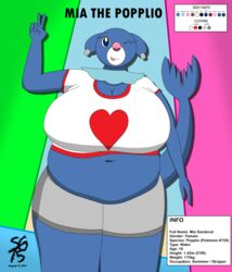  2023 anthro anthro_pokemon bbw belly belly_button big_breasts breasts breasts_bigger_than_head character_sheet chubby chubby_anthro chubby_female clothing color_palette fat fat_belly fat_female heart heart_clothing huge_breasts information mammal mammal_humanoid mia_sandoval_(solandgamer75) navel nintendo original_character overweight overweight_anthro overweight_female plump pokemon pokemon_(species) popplio sea_lion sea_lion_humanoid seal seal_humanoid shirt shorts solandgamer75 tail thick tongue tongue_out watermark winking winking_at_viewer winking_eye 