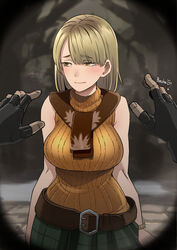  1boy 1girls ashley_graham ashley_graham_(brooke_elizabeth_mathieson) bare_shoulders belt beltskirt blonde_hair bob_cut breasts brown_eyes butcha-u closed_mouth cowboy_shot curtained_hair curvy embarrassed eyebrows_visible_through_hair fingerless_gloves gameplay_mechanics gloves highres large_breasts leon_scott_kennedy looking_away medium_hair orange_shirt orange_sweater plaid plaid_skirt pov pov_hands resident_evil resident_evil_4 ribbed_sweater scarf shirt shy signature skirt sleeveless sleeveless_turtleneck solo_focus sweater tight turtleneck 