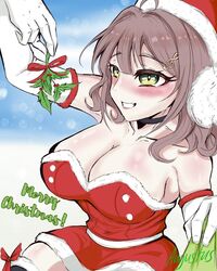  1girls anime_nose artist_name artist_request barely_contained_breasts blush brown_hair fan_art fanart fanart_from_twitter female female_only gloves green_eyes holly_(plant) human looking_at_viewer merry_christmas miori_celesta musical_note musical_note_hair_ornament red_berries santa_dress santa_hat smiling smiling_at_viewer solo spiky_leaves thick_thighs tsunderia virtual_youtuber vtuber white_gloves 