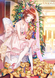  amami_haruka bare_shoulders blush breasts brown_hair chair cleavage collarbone commentary_request dress female flower green_eyes hair_flower hair_ornament high_heels idolmaster idolmaster_(classic) inzup jewelry medium_breasts necklace photoshop_(medium) short_hair sitting smile solo strapless strapless_dress stuffed_animal stuffed_toy teddy_bear thighhighs 