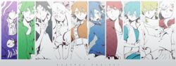  5boys 5girls amamiya_hibiya aqua_eyes black_eyes black_hair black_hoodie blonde_hair blue_eyes blue_hair blue_jacket bow bow_hairband collared_dress collared_jacket color_coordination column_lineup commentary copyright_name cross-laced_clothes cross-laced_slit dress earbuds earphones ene_(kagerou_project) enpera expressionless frilled_dress frills green_eyes green_hair green_jumpsuit hair_ornament hair_ribbon hairband hairclip headphones highres hood hood_down hood_up hooded_jacket hooded_jumpsuit hoodie idol_clothes jacket jumpsuit kagerou_project kano_shuuya kido_tsubomi kisaragi_momo kisaragi_shintarou konoha_(kagerou_project) kozakura_marry long_hair looking_at_viewer multiple_boys multiple_girls neckerchief notched_neckline open_clothes open_jacket open_mouth orange_dress orange_eyes orange_hair partially_colored pink_bow pink_eyes pink_hairband pleated_skirt purple_eyes purple_hair red_eyes red_hair ribbon sailor_collar scarf school_uniform serafuku serious seto_kousuke shirt short_hair sidu_(dsd_kgn) skirt smile tateyama_ayano track_jacket upper_body white_hair white_shirt yellow_eyes zipper 