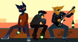  absurd_res anthro avian bass_guitar beverage bird black_clothing black_hoodie black_topwear boots bottle bottomwear canid canine clothing colored container denim denim_clothing domestic_cat dyed_fur electronics feathers felid feline felis female fingers footwear fox fur game_console germ_warfare_(nitw) gregg_lee group guitar hat headgear headwear hi_res hoodie jacket leather leather_clothing leather_jacket leather_topwear madkrayzydave_(artist) madkrazypony_(artist) mae_borowski male mammal musical_instrument night_in_the_woods nintendo nintendo_switch orange_body pants pin_button playing_guitar playing_music plucked_string_instrument red_eyes shirt sitting string_instrument tomboy topwear wall_(structure) 