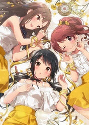  3girls bare_shoulders black_hair blush brown_eyes brown_hair commentary_request flower hair_ribbon highres idolmaster idolmaster_cinderella_girls long_hair looking_at_viewer lying mellow_yellow_(idolmaster) mizumoto_yukari multiple_girls nail_polish nakano_yuka ok_sign on_back one_eye_closed open_mouth ponytail purple_eyes ribbon shiina_noriko shirt skirt sleeveless sleeveless_shirt smile sonsoso twintails white_shirt yellow_ribbon yellow_skirt 