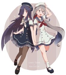  2girls :d ahoge aiguillette akademie_der_meeresbrise alternate_costume anchor_symbol beret blue_hair blush bobby_socks brown_eyes buttons commentary_request copyright_name cosplay dress grey_eyes grey_hair hair_between_eyes hair_over_one_eye hand_on_headwear hat hayashimo_(kantai_collection) highres holding_hands kantai_collection kiyoshimo_(kantai_collection) long_hair looking_at_viewer lost_tree low_twintails mary_janes multicolored_hair multiple_girls neckerchief open_mouth pantyhose purple_hair revision riz_(ravel_dc) sailor_dress sailor_hat shoes short_sleeves simple_background smile socks twintails very_long_hair 