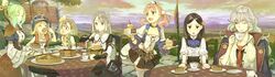  6+girls :&lt; :d ;) atelier_(series) atelier_escha_&amp;_logy black_eyes black_hair blonde_hair blush bracelet braid brown_eyes cake cake_slice choker clenched_hands clone_(atelier) closed_eyes collarbone crown_braid cup earrings eating escha_malier flower food game_cg gloves green_eyes green_hair grey_hair hair_flower hair_ornament hairclip hat hidari_(left_side) highres holding jacket jacket_on_shoulders jewelry jitome katla_larchica linca_(atelier) linca_(eighth)_(atelier) long_hair lucille_ernella marion_quinn multiple_girls necktie nose_blush official_art one_eye_closed open_mouth outdoors pie pink_hair plate short_hair side_braid single_braid skirt smile standing stitched strawberry_shortcake table tablecloth teacup tears thighhighs third-party_edit threia_hazelgrimm undone_necktie unworn_gloves white_gloves white_hair white_legwear 