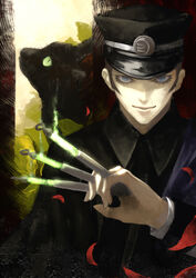  1boy bad_id bad_pixiv_id blue_eyes cape cloak commentary_request devil_summoner_(series) feline gouto hat konosaki_usetsu kuzunoha_raidou looking_at_viewer male_focus peaked_cap shako_cap shin_megami_tensei sideburns solo tube 