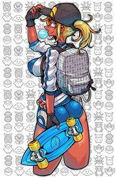  8-bit ass backpack bag blonde_hair blowing_bubbles blue_eyes breasts chewing_gum clefairy commentary_request dark-skinned_female dark_skin earrings ekans female female_protagonist_(pokemon_go) fingerless_gloves gloves hat highres jacket jewelry large_breasts pidgey pikachu poke_ball pokemon pokemon_(creature) pokemon_go ponytail short_hair shorts skateboard smile solo tagane tauros 