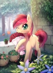  2015 aymint bouquet cutie_mark earth_pony equid equine female feral flower friendship_is_magic fur green_eyes hair hasbro hi_res horse looking_at_viewer mammal my_little_pony one_eye_closed outside plant pony red_hair rose_(mlp) smile solo tan_body tan_fur tree 