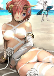  1boy :d absurdres akechi_shizuku arm_support arm_up bandaged_arm bandages beach bikini blush bracelet breasts commentary_request day detached_sleeves facial_hair fate/apocrypha fate/grand_order fate_(series) female flower frankenstein&#039;s_monster_(fate) frankenstein&#039;s_monster_(swimsuit_saber)_(fate) frankenstein&#039;s_monster_(swimsuit_saber)_(third_ascension)_(fate) hair_bun hair_ornament hair_over_one_eye highres horns james_moriarty_(archer)_(fate) jewelry looking_at_viewer lying mechanical_horns medium_breasts moustache ocean on_back open_mouth outdoors pink_hair purple_eyes short_hair shorts single_hair_bun single_horn smile solo_focus sunglasses surfboard swimsuit waving white_bikini white_flower white_hair 