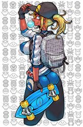  8-bit ass backpack bag blonde_hair blowing_bubbles blue_eyes breasts chewing_gum clefairy commentary_request dark-skinned_female dark_skin earrings ekans female female_protagonist_(pokemon_go) fingerless_gloves gloves hat highres jacket jewelry large_breasts pants pidgey pikachu poke_ball pokemon pokemon_(creature) pokemon_go ponytail short_hair skateboard smile solo tagane tauros 