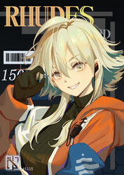  arknights barcode black_background black_gloves black_sweater blonde_hair bolt_(hardware) breasts chinese_commentary commentary_request earbuds earphones female gloves grey_eyes grin hair_between_eyes hand_up head_tilt highres holding hood hooded_jacket jacket looking_at_viewer mayer_(arknights) medium_breasts orange_jacket photoshop_(medium) ribbed_sweater short_hair_with_long_locks smile solo sweater ttk_(kirinottk) turtleneck turtleneck_sweater upper_body 