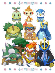  artist_name chimchar empoleon evolutionary_line grotle highres infernape looking_at_viewer monferno no_humans piplup pokemon pokemon_(creature) prinplup saki_pokeoekaki simple_background sitting starter_pokemon_trio torterra turtwig unown unownglyphics watermark 