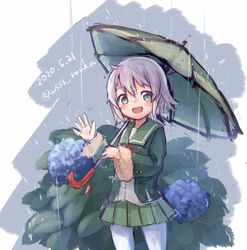  black_umbrella cowboy_shot dated female flower fur-trimmed_sleeves fur_trim green_eyes green_jacket green_sailor_collar green_skirt green_umbrella grey_hair hydrangea jacket kantai_collection long_sleeves looking_at_viewer neck_ribbon one-hour_drawing_challenge pantyhose pleated_skirt rain red_ribbon ribbon sailor_collar school_uniform serafuku shimushu_(kancolle) short_hair skirt solo twitter_username umbrella waving white_pantyhose wss_(nicoseiga19993411) 