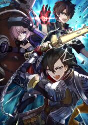  2boys black_gloves black_hair chains command_spell fate/grand_order fate_(series) female fingerless_gloves fujimaru_ritsuka_(male) fujimaru_ritsuka_(male)_(polar_chaldea_uniform) gloves hair_over_one_eye lord_camelot_(fate) mandricardo_(fate) mash_kyrielight mash_kyrielight_(ortenaus) multicolored_hair multiple_boys purple_hair sanshi_(sannshi_34) shield streaked_hair sword weapon wooden_sword 