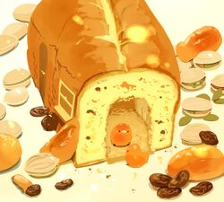  artist_name bird chai_(drawingchisanne) commentary fig food food_focus fruit highres house no_humans original pistachio pound_cake raisin_(fruit) simple_background sweets_bird undersized_animal window 