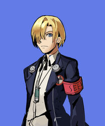  1boy absurdres armband blonde_hair blue_background blue_eyes commentary cosplay digital_media_player dimitri_alexandre_blaiddyd english_commentary fire_emblem fire_emblem:_three_houses gekkoukan_high_school_uniform hair_over_one_eye headphones highres jacket persona persona_3 ribbon saiykik school_uniform simple_background upper_body yuuki_makoto_(persona_3) yuuki_makoto_(persona_3)_(cosplay) 