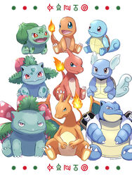  artist_name blastoise bulbasaur charizard charmander charmeleon evolutionary_line highres ivysaur looking_at_viewer no_humans open_mouth pokemon pokemon_(creature) saki_pokeoekaki simple_background sitting squirtle starter_pokemon_trio unown unownglyphics venusaur wartortle 