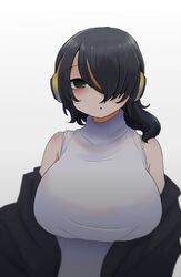  black_hair blush breasts brown_eyes commentary_request emperor_penguin_(kemono_friends) female hair_over_one_eye headphones highres hood hoodie huge_breasts jacket kemono_friends leotard looking_at_viewer medium_hair multicolored_hair onaji_(sokudo_seigen) partially_undressed sleeveless solo streaked_hair white_leotard 