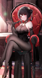  absurdres azur_lane bare_shoulders black_footwear black_hair black_pantyhose blush bodystocking breasts chair chen_hai_(azur_lane) chen_hai_(vestibule_of_wonders)_(azur_lane) china_dress chinese_clothes closed_mouth covered_navel crossed_legs dress elbow_gloves female folding_fan foot_out_of_frame gloves hair_bun hand_fan high_heels highres holding holding_fan indoors lace-trimmed_gloves lace_trim large_breasts legs long_hair long_legs looking_at_viewer official_alternate_costume pantyhose red_eyes sidelocks sitting smile solo usagi_(786113654) 