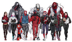  animal_print anti-venom ben_reilly black_bodysuit black_cat black_cat_(marvel) black_hair blue_bodysuit bodysuit breasts bug carnage_(marvel) commentary english_commentary feline full_body highres hood hooded_bodysuit in-hyuk_lee jacket kaine_parker logo long_hair long_sleeves looking_at_viewer marvel mask miles_morales multicolored_bodysuit multicolored_clothes multiple_boys muscular muscular_male pants realistic red_bodysuit red_pants scarlet_spider short_hair silk silk_(marvel) spider spider-gwen spider-ham spider-man spider-man_(series) spider-woman spider_print spider_web_print superhero_costume swirl symbiote toned toned_male two-tone_bodysuit two-tone_footwear venom_(marvel) white_background 