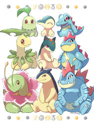  artist_name bayleef chikorita closed_eyes croconaw cyndaquil evolutionary_line feraligatr highres meganium no_humans open_mouth pokemon pokemon_(creature) quilava saki_pokeoekaki simple_background starter_pokemon_trio totodile typhlosion unown unownglyphics watermark 