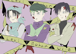  3boys angry black_hair commentary_request crossed_arms crossover diamond_wa_kudakenai english_text green_hair hairstyle_connection headband jitome jojo_no_kimyou_na_bouken kishibe_rohan levi_(shingeki_no_kyojin) male_focus multiple_boys shingeki_no_kyojin tokyo_ghoul unamused urie_kuki user_rsds8484 