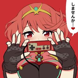  blush breasts cable chest_jewel commentary_request controller covered_mouth famicom_gamepad female fingerless_gloves game_controller gamepad gloves hands_up large_breasts ma2acworks pyra_(xenoblade) red_background red_eyes red_hair short_hair simple_background solo speech_bubble swept_bangs translation_request upper_body xenoblade_chronicles_(series) xenoblade_chronicles_2 