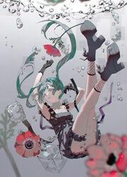  alternate_costume aqua_eyes aqua_hair black_dress black_footwear block_heels blurry blurry_foreground bubble chromatic_aberration commentary dress female fishnet_socks fishnets floating_hair flower full_body goth_fashion gradient_background grey_background hair_floating_upwards hatsune_miku high_heels highres ice ice_cube legs_up long_hair looking_at_viewer lunar_(lunar_815) parasite_(vocaloid) poppy_(flower) protected_link red_flower sleeveless socks solo thigh_strap underwater vocaloid 