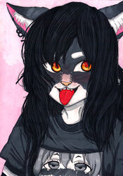  absurd_res ahe_gao anthro black_body black_fur black_hair blush clothed clothing colored domestic_cat ear_piercing eyebrows facial_piercing fangs felid feline felis fur hair hi_res iijackie3678ii inner_ear_fluff looking_away looking_pleasured male mammal monotone_hair nose_piercing piercing red_tongue shirt smile solo t-shirt teeth tongue tongue_out topwear traditional_media_(artwork) tuft white_body white_fur yellow_eyes yellow_nose 