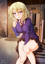  aquaegg bc_freedom_school_uniform bed black_skirt blonde_hair blue_eyes blush breasts eyebrows_visible_through_hair female girls_und_panzer heart highres indoors large_breasts looking_at_viewer miniskirt necktie nervous nervous_smile on_bed open_mouth oshida_(girls_und_panzer) pleated_skirt school_uniform shiny shiny_hair short_hair sitting skirt solo striped_necktie 