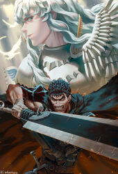  2boys androgynous armor bandaged_hand bandages berserk bird black_armor black_cape blue_eyes cape clenched_teeth commentary dragonslayer_(sword) english_commentary fighting_stance grey_hair griffith_(berserk) guts_(berserk) highres holding holding_sword holding_weapon huge_weapon long_hair looking_at_viewer looking_to_the_side multiple_boys one-eyed prosthesis prosthetic_arm scar spiked_hair sword teeth wavy_hair weapon white_hair whoareuu 