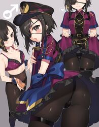  1boy ass bad_id bad_twitter_id bare_shoulders black_hair black_headwear blush bra breast_padding brown_legwear bulge clothes_lift collarbone commentary covered_navel dress dress_lift eyepatch fate/grand_order fate_(series) genderswap_(otm) grey_eyes hair_over_one_eye hat heterochromia highres kan&#039;yu_(citron_82) looking_at_viewer looking_back male_focus mars_symbol multiple_views mysterious_ranmaru_x_(fate) otoko_no_ko panties panties_under_pantyhose pantyhose peaked_cap purple_bra purple_dress purple_eyes rule_63 short_hair short_sleeves thighs underwear wrist_cuffs 