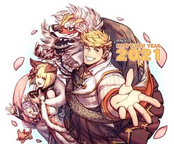  1boy 2021 2girls absurdres animal blonde_hair chinese_new_year erune foreshortening from_side garjana granblue_fantasy green_eyes happy_new_year highres lily_(granblue_fantasy) lion_dance multiple_girls muscular muscular_male new_year official_alternate_costume one_eye_closed oneirio pectorals petals scarf short_hair smile twitter_username undercut vajra_(granblue_fantasy) vane_(granblue_fantasy) vane_(sunrise_hakama)_(granblue_fantasy) 